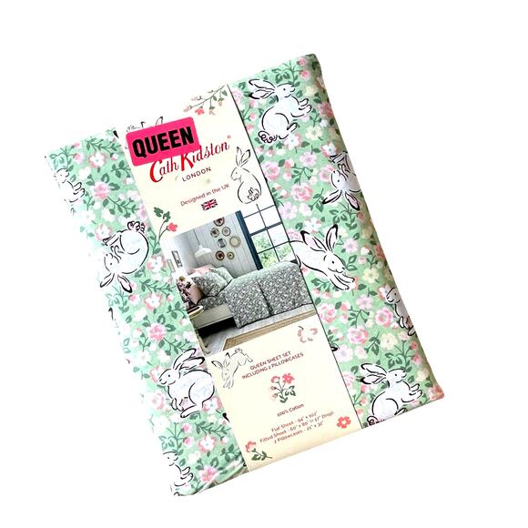Cath Kidston london JUMPING BUNNIES GREEN Floral 4pc QUEEN Sheet Set NEW - Picture 2 of 10